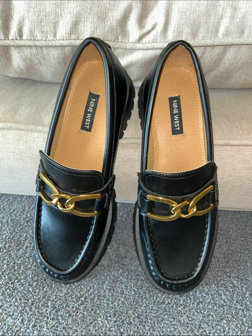 Nine West Black Loafers with Gold Chain Accent